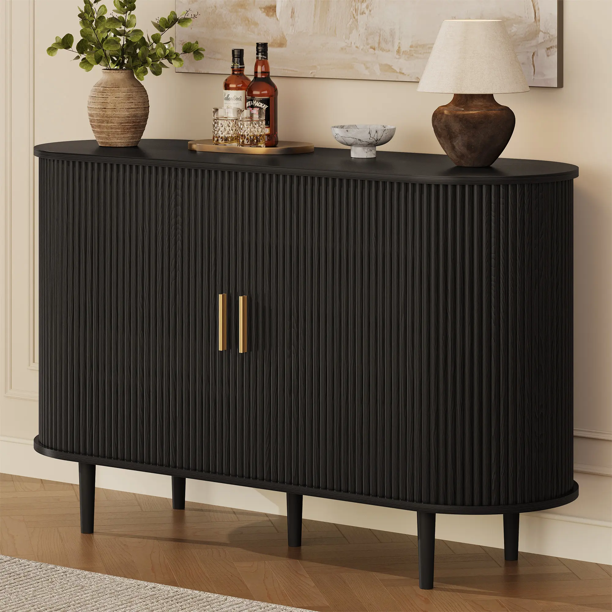 【Deals 】DHH Fluted Sideboard Buffet & Coffee Bar Cabinet (47")! Oval Console Table with Sliding Doors. For Kitchen & Dining Room. Ideal for Modern Families to Maximize Storage, Organize Appliances & Create an Aesthetic Vibe (Black)