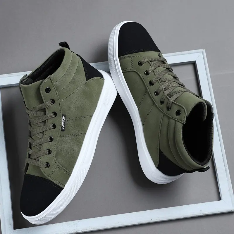Men's High-Top Sporty Casual Shoes, Skate Footwear, Colorblock, Breathable PU Leather, Comfortable Skateboarding Sneakers, All Seasons