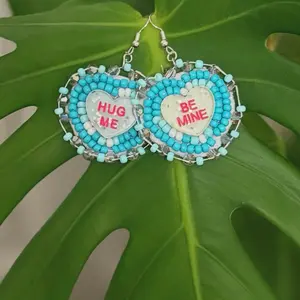 Turquoise Beaded Candy Heart Earrings