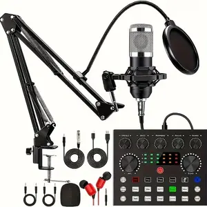 Ultimate Podcast Studio Set with BM800 Large Film Microphone, Pro V8 Sound Card with Voice Changer-C, Studio Headphones/Blowout Net/Stand-Plug and Play for Live, Gaming, Voice, Podcasting-PC/Mac Compatible-Ideal for creators