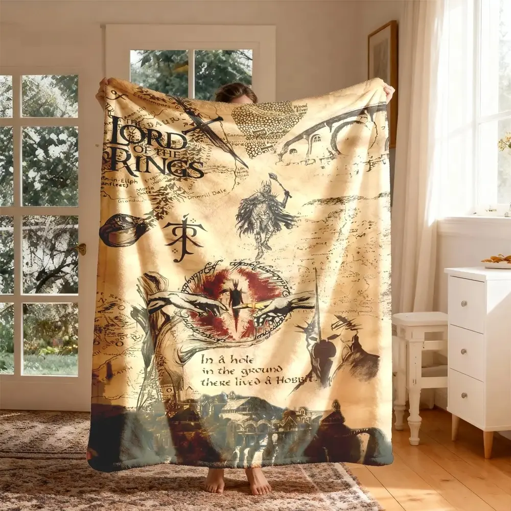Lord of the Rings Retro Theme Flannel Throw Blanket Large Size Soft Lightweight Warm Perfect for Bed Sofa Office Camping Travel Christmas Gift