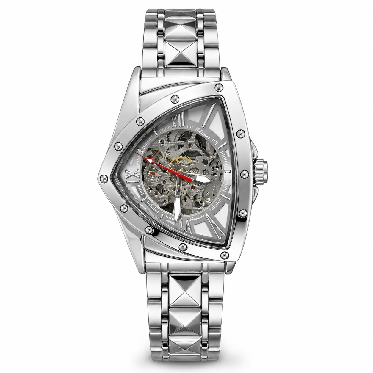 CHENXI Triangle Popular Automatic Mechanical Watch for Men, Hollow Out Unique Stylish Wristwatch, Luminous Hands Waterproof Self-Winding Mechanical Watch
