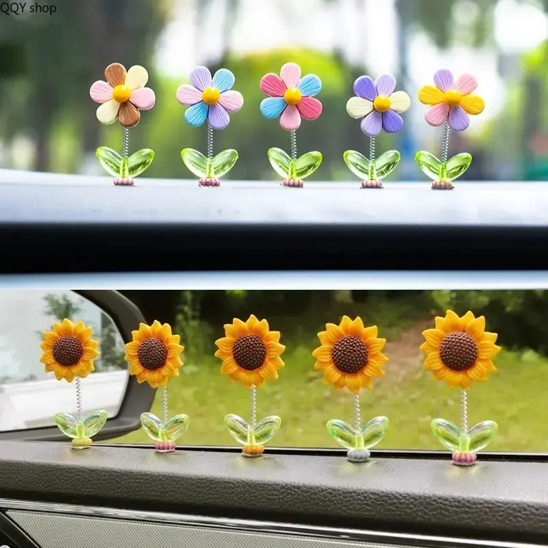 5 Pcs Sunflower Shaking Head Car Dashboard Ornament, Creative Solar Powered Swing Flower Decor, Cute Aesthetic Car Center Console Decoration, Stylish Auto Interior Accessory for Car Decor & Gift