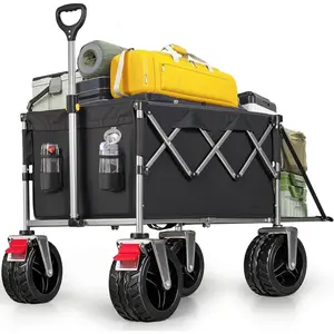 Collapsible Wagon with Tailgate - 49.2" Extended Heavy Duty Foldable Utility Wagon Folding Cart with -Terrain Wheels for Outdoor Camping  Garden Beach Grocery - 300lbs Support