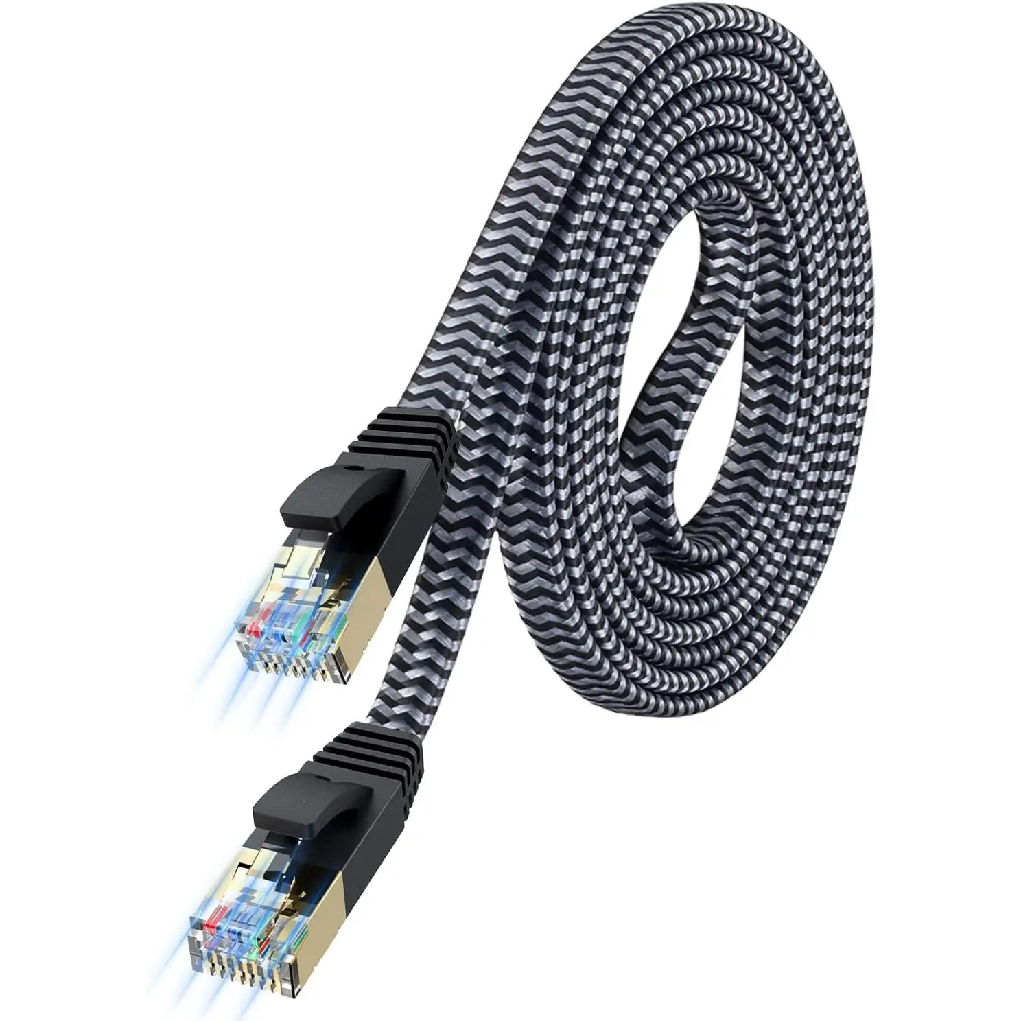7 Ethernet  10ft - Flat Design, Easy Install, Nylon Braided,  Durable High Speed Internet  Network Cord Shielded LAN Cables for Computers, Routers, Switches, and Gaming Consoles