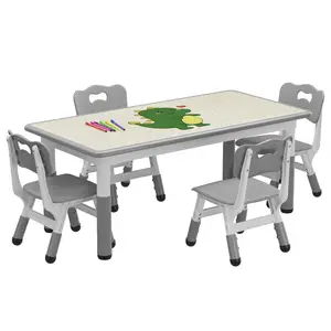 【GARVEE】Adjustable Height Table and Chair Set for Toddlers Ages 2-10, Includes One Table with Graffiti Desktop and Four Chairs, Features Non-Slip Legs, Suitable for Arts & Crafts, Daycare, Classroom, or Home Use in Grey or Natural Color