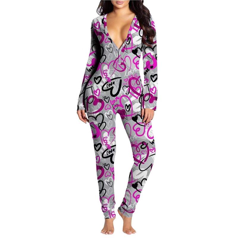 Full Length Holiday Valentines Day PJ Printed Sexy Stretchy Adult Pyjama Onesies With Buttflap