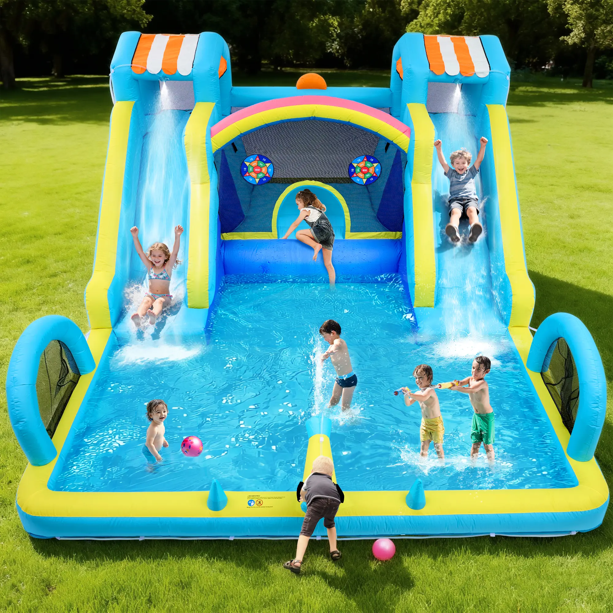 Inflatable Water Slide Bounce House for Kids, 15x12ft Backyard Water Park Bouncy Castle with Double Slides, Splash Pool, Basketball Hoop & Heavy Duty Blower, Outdoor Summer Toy summergarden,summerwins,father'sdaygifts,bathingsuitwomenset summerwins