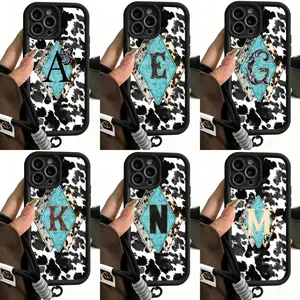 Western Cowprint Turquoise Initial Phone Case Lanyard Phone Case - Cowgirl Protective Coverfor iPhone 17 16 Promax 15 Plus 14 13 12 11 Pro Max Plus TPU Shock-Resistant Phone Case  #TYJTZM1