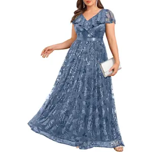 Pinup Fashion Plus Size Formal Dresses - Women Evening Gown 2026 Sequin Embroidery Wedding Guest Prom V-Neck Long Dress