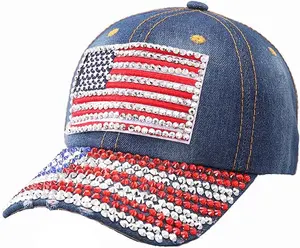 Unisex USA American Flag Baseball Cap Denim Distressed Rhinestone Hat for Adults Adjustable Fit Soft Breathable Sequin Decoration Perfect for Outdoor Activities