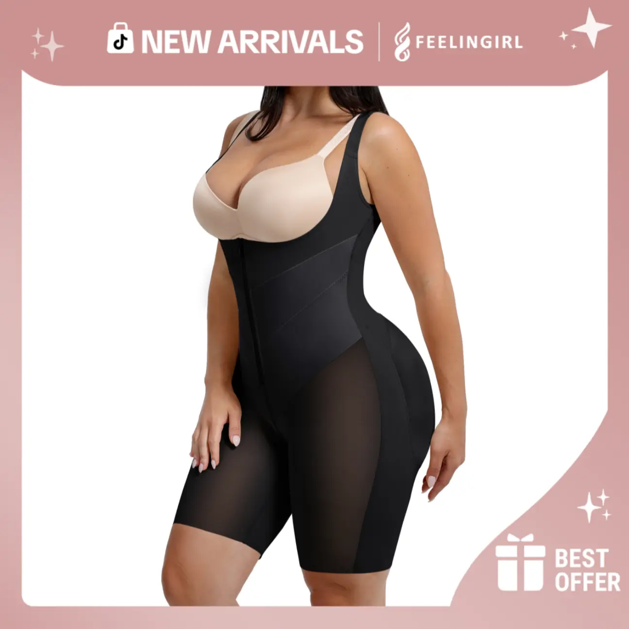 FeelinGirl #LIVE Feelvibe V-shaped Fajas Colombianas Moldeadoras Booty Lifting Shapewear U-Scoop Back Faja Body Shaper with Zipper Crotch