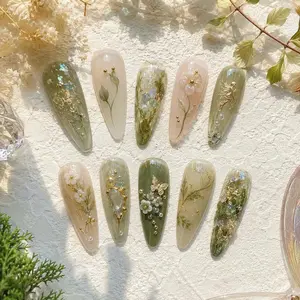 Sage Green Press On Nails – Luxury Fairy Garden Floral Nails | Moss Green Cottagecore Glue-On Nails | Handmade Nature Inspired Nail Set Gift for Her
