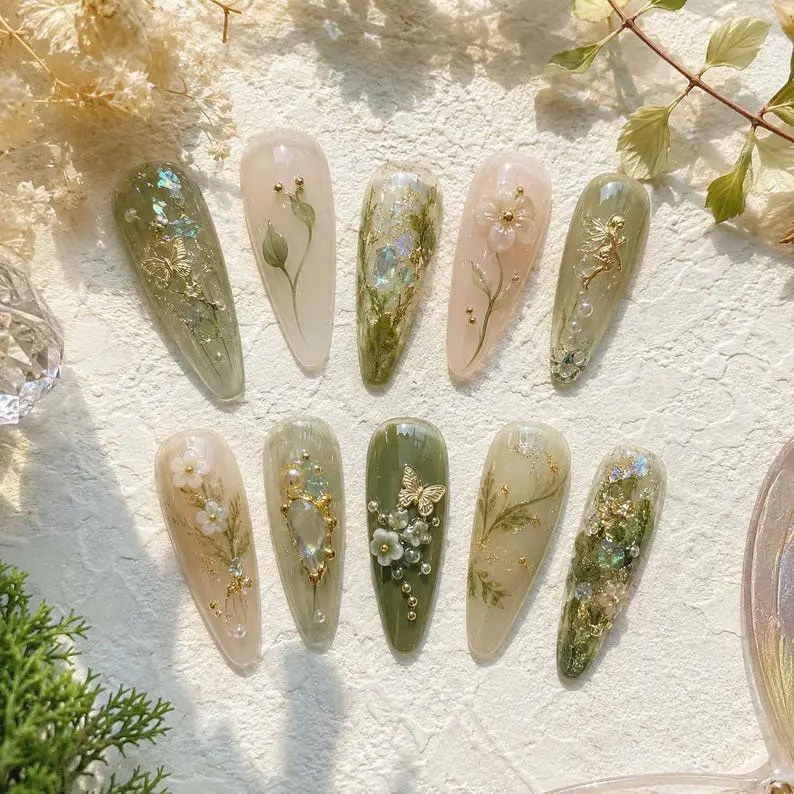 Sage Green Press On Nails – Luxury Fairy Garden Floral Nails | Moss Green Cottagecore Glue-On Nails | Handmade Nature Inspired Nail Set Gift for Her