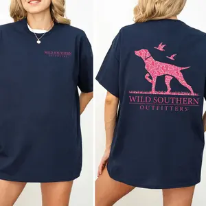 Pink Camo Hunting Dog Shirt, Wild Southern T-shirt, Simply Printed Graphic Shirt, Daily Casual Cotton Womenswear, Men clothes