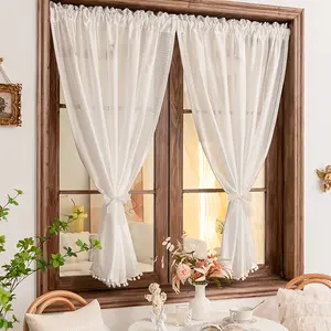 1pc Linen Sheer Curtain with Lace Trim, Light Filtering Dustproof Heat Insulation Drapes for Living Room Balcony Window Decor