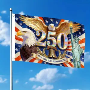 Double-sided America’s 250th Anniversary Flag 2D Flat Print USA Eagle Statue Liberty Bell Patriotic Symbol Single-Sided Double Hole Ring Outdoor Courtyard Decoration Polyester