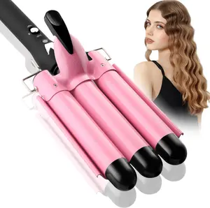 3 Barrel Curling Iron Hair Crimper Birthday Gifts for Women Dual Voltage Adjustable Temperature Three Barrels Hair Waver 1 Inch Ceramic Curler Wand Pink