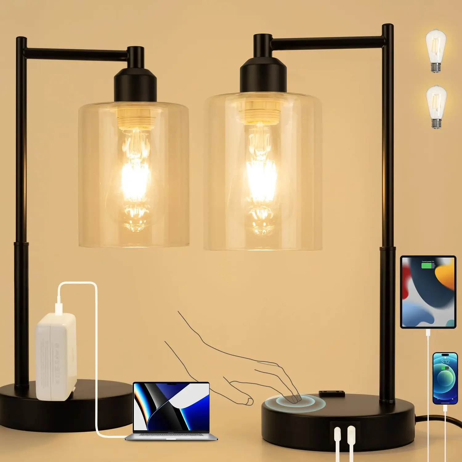 Yarra-Decor Industrial Bedside Table Lamp Set of 2 3-Way Dimmable Lamps for Bedroom Modern USB Nightstand Lamp with Glass Shade Reading Table Lamps fo