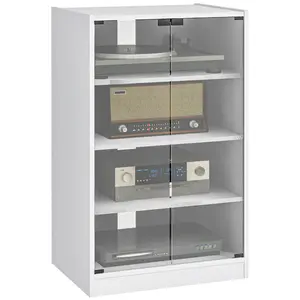 4-Tier Media Cabinet – Distressed White. Tempered Glass Doors (Remote Signals Pass Through). 2 Adjustable Shelves (3 Levels Each). Rear Cable Ports. Anti-Tipping Kit