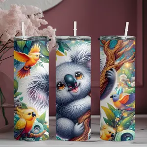 20oz stainless steel water bottle with straw, Cute koala hugging a tree trunk surrounded by colorful parrots skinny tumbler, suitable for fitness, travel, driving, and daily use at home. A great gift for family and friends | 1pc