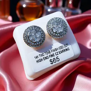 AAA+ Fine CZ Unisex Premium Iced Earring Earrings Iced 14K Gold Plated Two Tone High End Brass 13mm (Diameter) Screw Back For Men Women