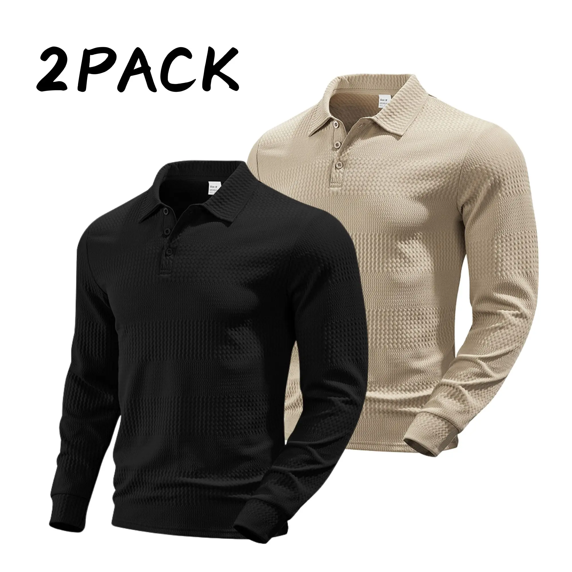 Men’s long-sleeve polo shirt, solid color turn-down collar casual top, available in packs of 2 or 1 piece