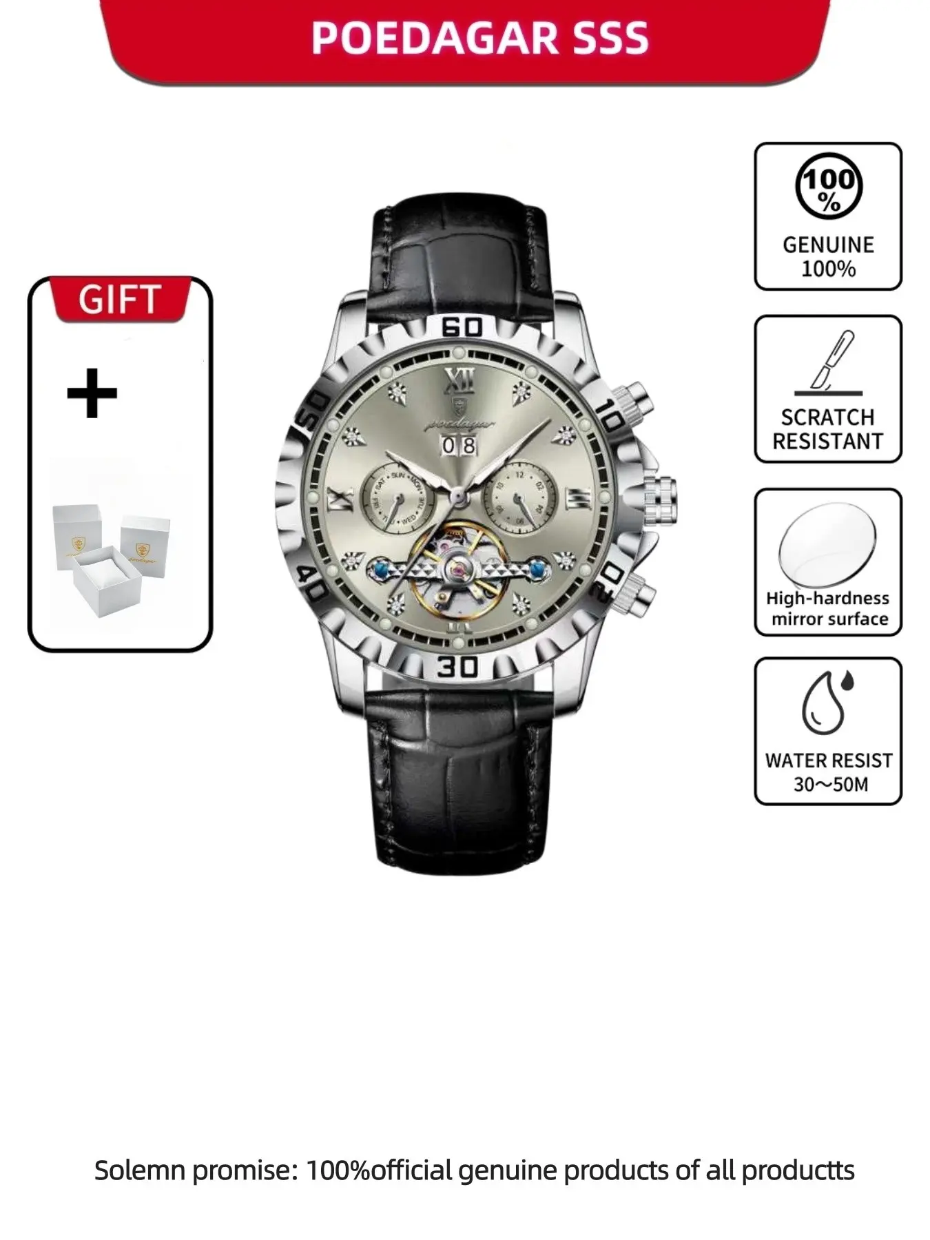 Poedagar Fashion Men's Watch, Luxury Hollow Tourbillon Design, Night Light Feature, Date & Day Display, Automatic Mechanical Movement, Trendy Watch