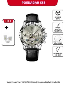 POEDAGAR men's casual sports watch, stylish hollow tourbillon design, fluorescent date and week display, automatic mechanical leather watch, Luminous Fashionable Watch, Luminous Analog Watch, Automatic Watches is the first choice for gift giving