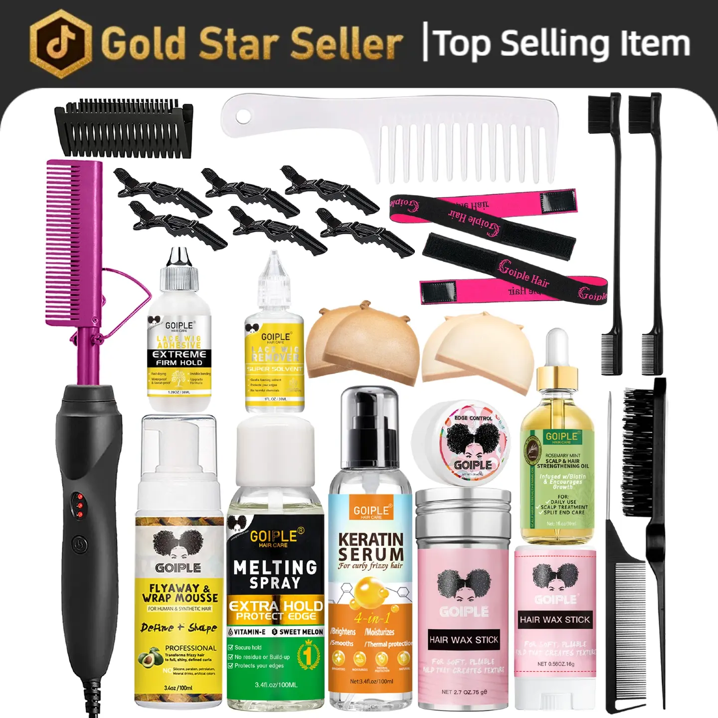Goiple Ceramic Electric Pink Hot Comb Hair Straightener, Heat Pressing Tool for Smooth Wigs, Elastic Brush Kit