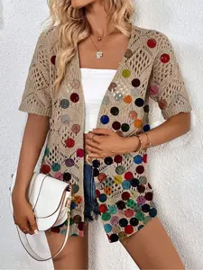 Spring/Summer, elegant commute, vacation seaside bohemian style, contrast color-block polka dot print, short-sleeve women's stretch knitted cardigan, vest cover-up, Knitwear, Womenswear