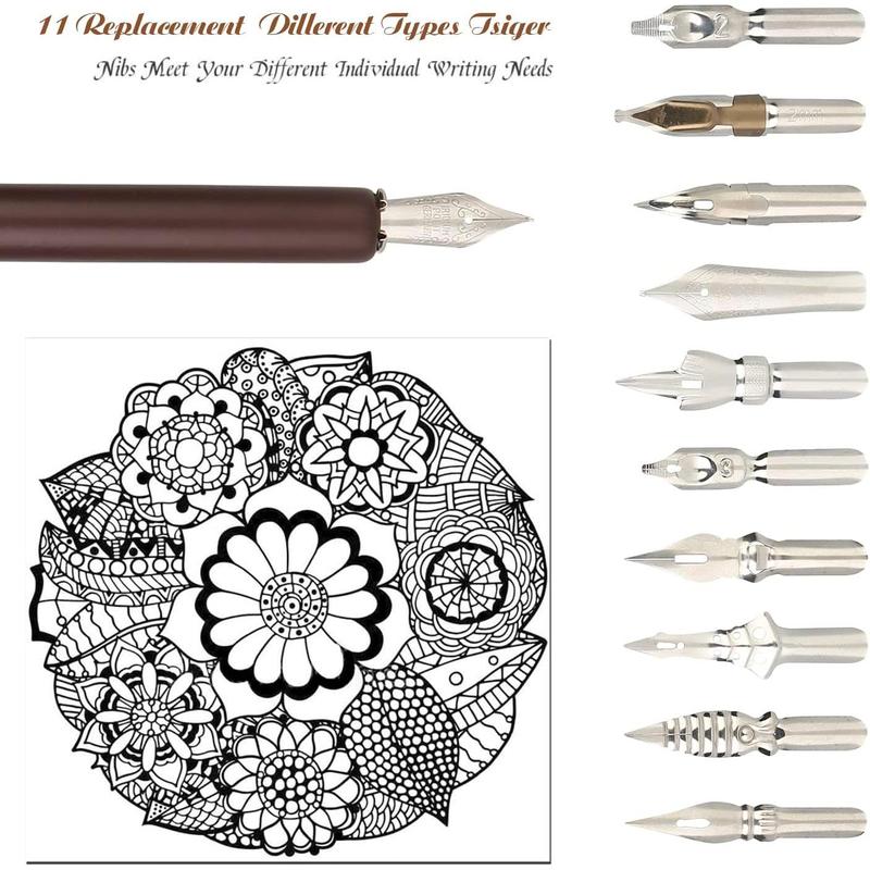 Calligraphy Set for Beginners Quill Pen and Ink Set Fancy Pens with Black Ink and 11 Nibs for Lettering,Drawing, Journaling, Signing, Invitation HO-Q-301
