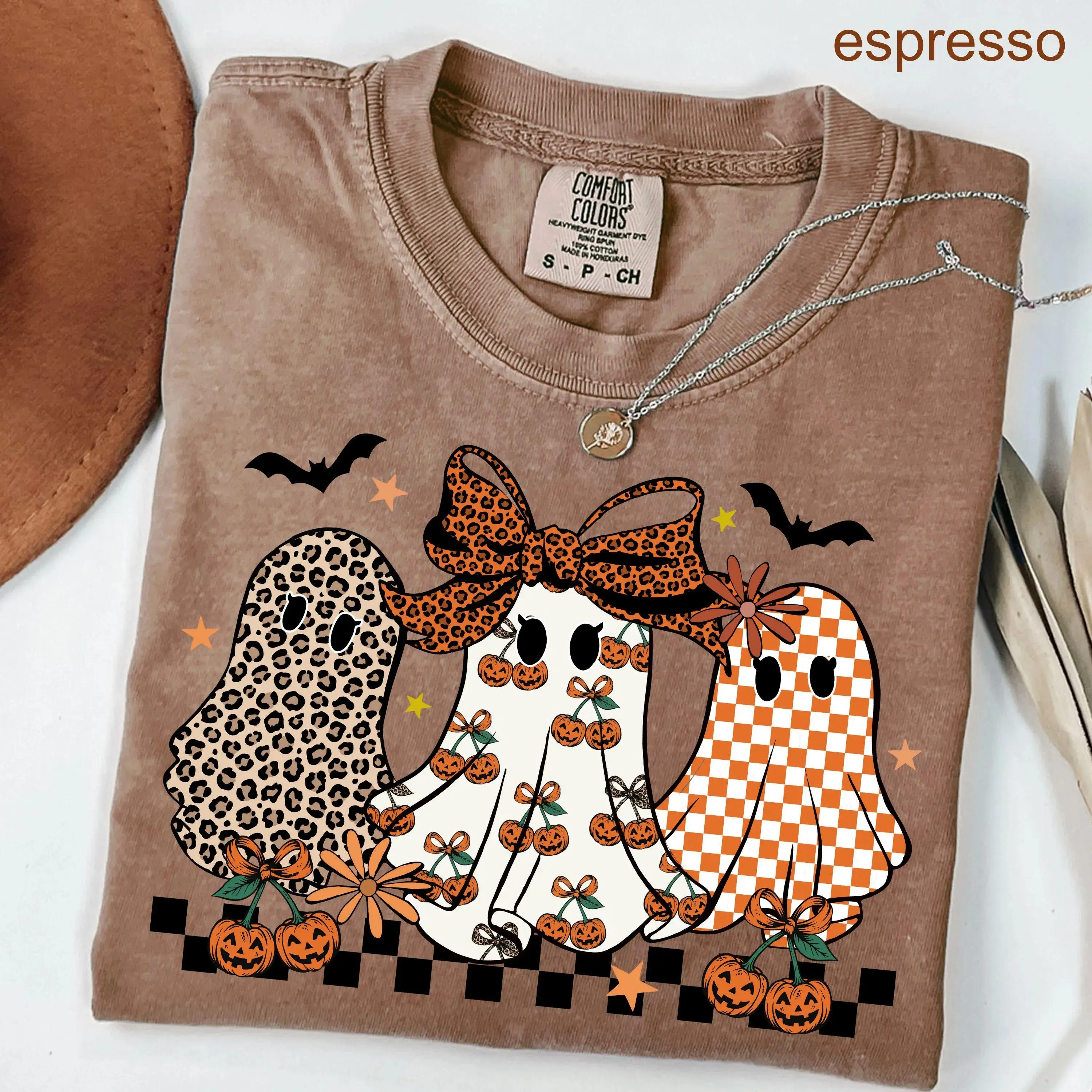 Comfort Colors Coquette Leopard Checkered Ghost Shirt, Retro Spooky Season Graphic Tee, Cute Halloween T-Shirt