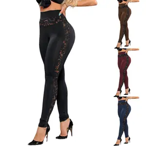 Plus Size Women's High Waisted Yoga Tights - Solid Color Lace Patchwork, Hip Lift Comfortable Stylish Workout Leggings