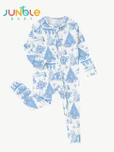 Cotton fiber baby zipper long-sleeved shirt with blue line print, double zippers, reversible foot cover, soft and breathable fabric, baby all-in-one crawling suit, Unisex, Bamboo Blend