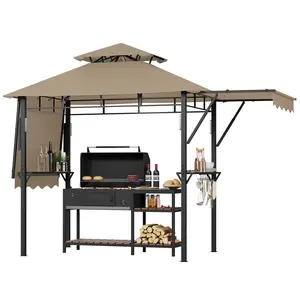 8x5 ft Grill Gazebo, Double Tired Outdoor Patio Canopy Tent with Dual Side Awning Shelves, 4 LED Lights,10 Hooks & Bottle Opener, Heavy Duty Steel Frame Grilling Canopy for Patio Garden Beach, Khaki