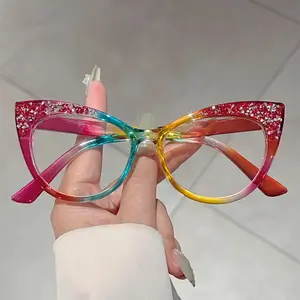 1 pair of women's new full-frame cat eye glasses, fashionable transparent frames, with colorful rhinestone decoration, exquisite and lovely pink glasses, light luxury and elegant men's glasses, suitable for street photography and parties