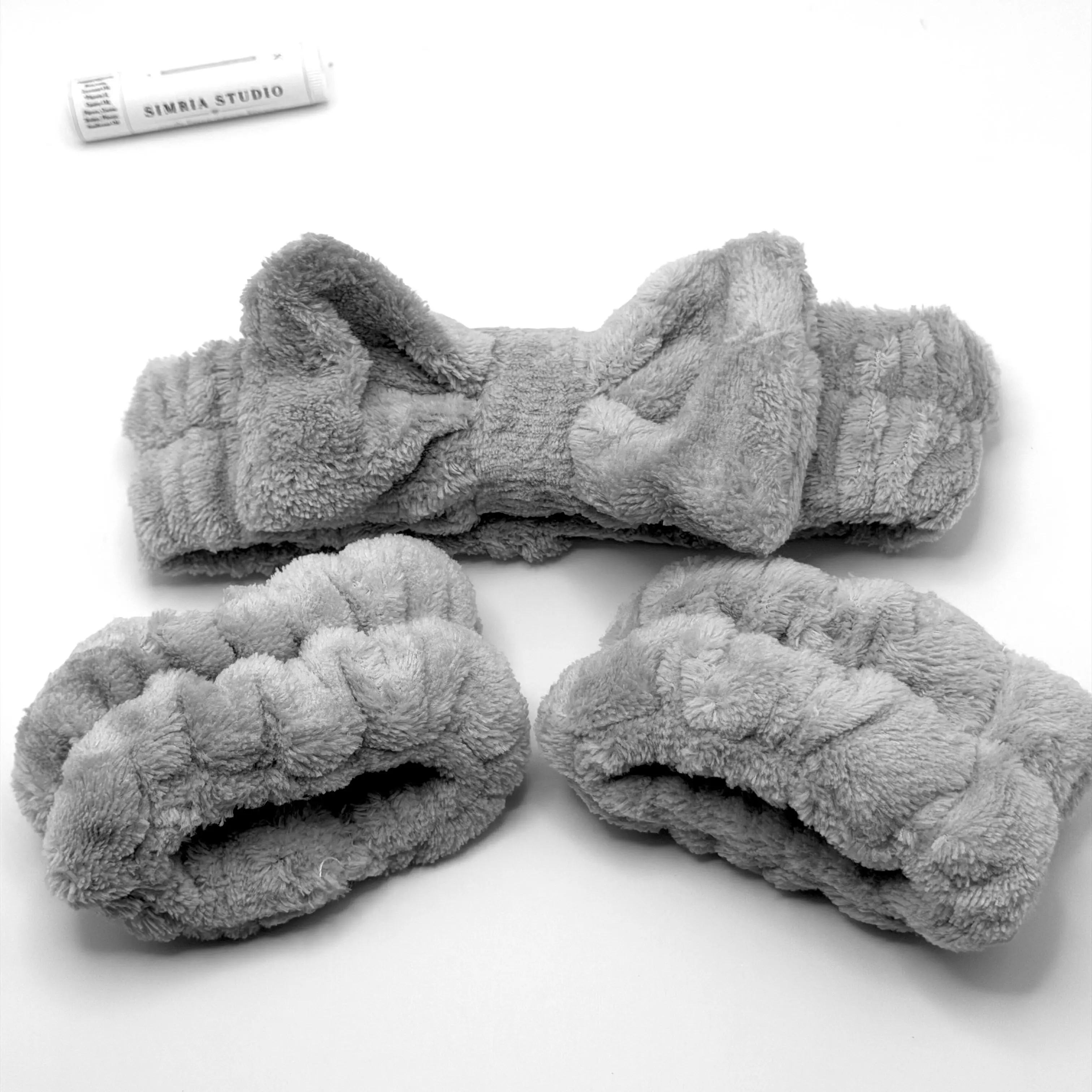 Simria Studio Unisex Plush Puff Headband and Wristband Matching Sets - Solid Stretchy Fit for Skincare, Helps Keep Hair Away & Reduces Water Running Down Arms, Cotton, Plain