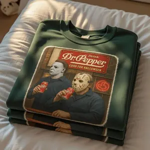 [SALE UP TO 50%] Dr Pepper Sweatshirt / T-Shirt / Hoodie – “Good for Halloween” Horror Mask Duo Vintage Poster Graphic, Dark Green Cozy Retro Style, Gift for Halloween Lovers