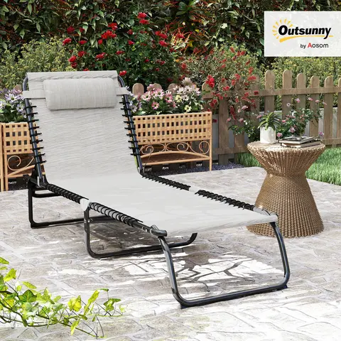 Outsunny Modern 1-2 Piece Adjustable Folding Lounger Outdoor Patio Furniture, Fast-Fold Pool Sun Tanning Chair with Reclining Back, Breathable Mesh Seat, Sturdy Steel Frame, Headrest, Reading Hole & Side Pocket, Waterproof (Beach, Yard)