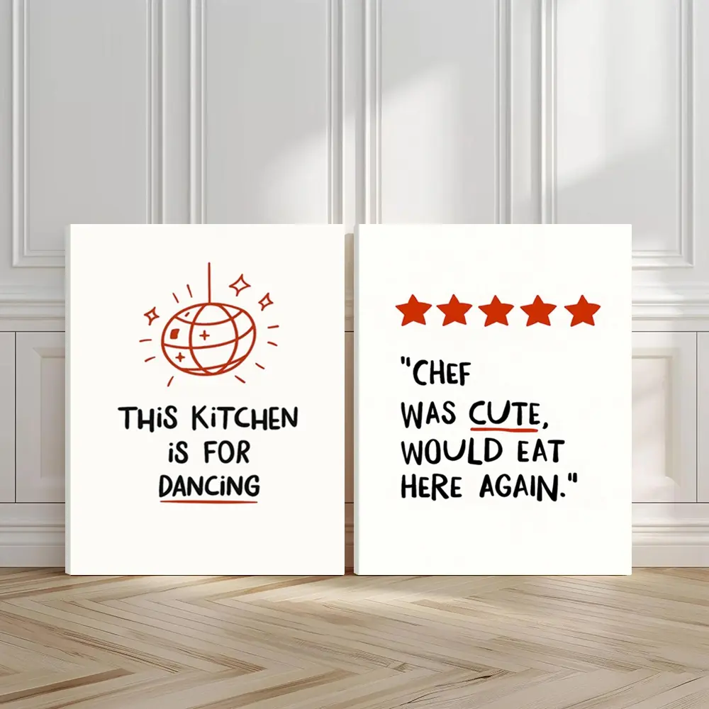 2pcs Kitchen Joy Wall Art, Five-Star Poster, Cute Chefs Art Prints, Cooking Fun Home Decor, Modern Wall Paintings, Minimalist Canvas Posters Wall Arts, Decor for Living Room, Restaurant, Kitchen, Bedroom, Housewarming Gift, With Frame