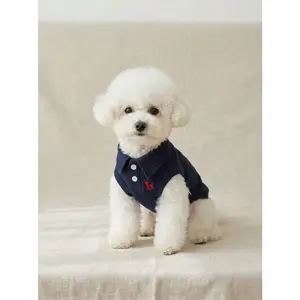 PETSIN Navy Blue Polyester Embroidered Polo Shirt Vest for Cats & Dogs - Spring/Summer Solid Color Cartoon Pattern