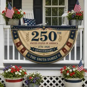 Custom Family Name America 250 Banner, Personalized Patriotic Bunting Flag, 1776–2026 USA Anniversary Decor