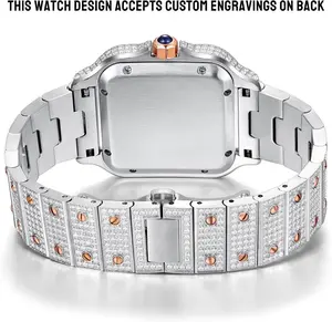 Moissanite Watch for Men, Personalized ICED Out Watch Automatic Movement with Custom Engraving on Back, 17Ct VVS D Moissanite Passing Diamond Testing, GRA Certified