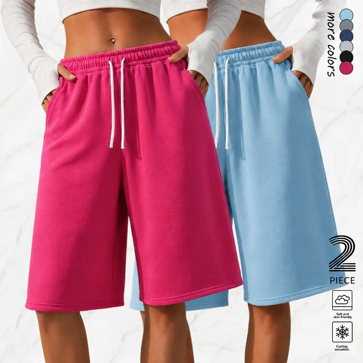 Women’s 2-pack casual capri pants with elastic waistband drawstring for jogging.Solid-color wide-leg pants suitable for running and sports.Yoga.Outdoor commuting