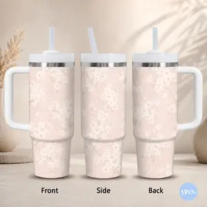 Ditsy Cherry Blossom Linen Vacuum Flasks 40oz Stainless Steel Tumbler With Handle & Straw – Vacuum Insulated Travel Mug, Keeps Drinks Cold Up To 24H, Leak-Resistant Cup For Iced Coffee, Water, Gym, Office & Travel
