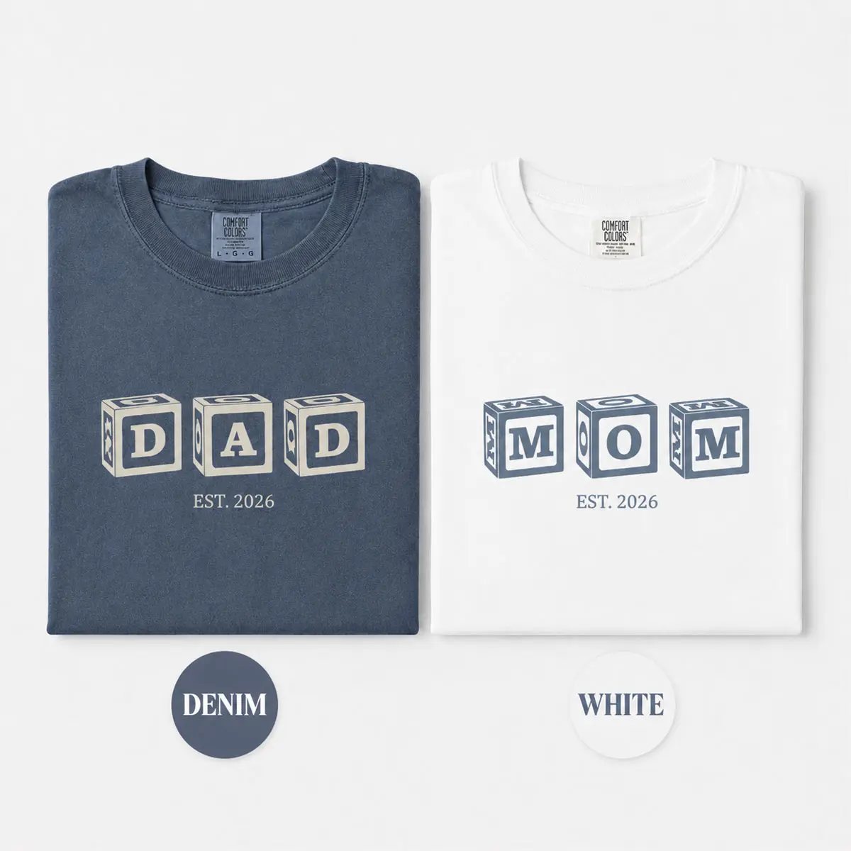 [100% Cotton] Mom Dad Est 2026 T-Shirt, Matching Mom Dad Comfort Colors Tee, Vintage Baby Blocks Parents Shirt, Cute Pregnancy Announcement Tshirt, New Mom Dad Reveal Tee, Mother’s Day Father’s Day Gift