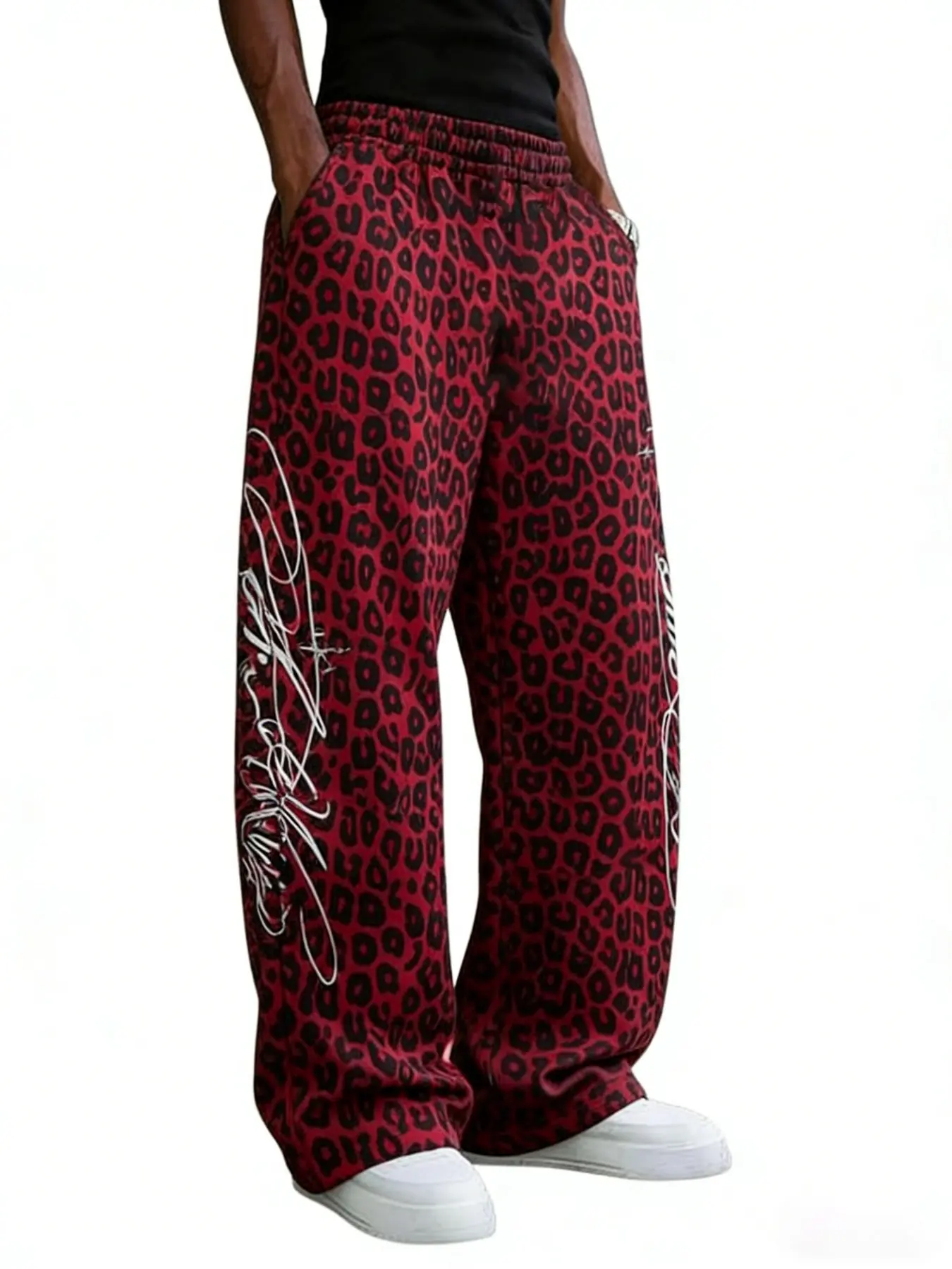 Men's Leopard Print Casual Pants, Oversized Streetwear Joggers with Elastic Waist, Graffiti Graphic Loose-Fit Trousers for Daily Party Style