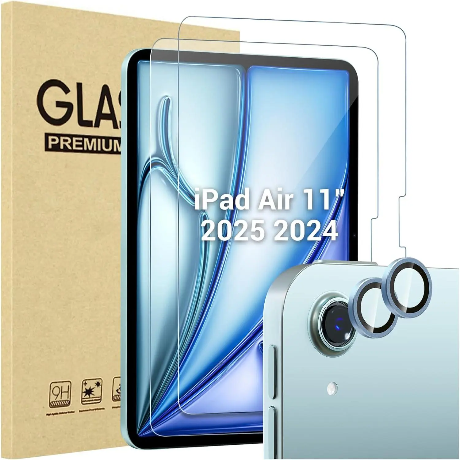 2-Pack Tablet Screen Protectors & 2-Pack Camera Lens Protector Accessories for 11in iPad Air 7th (M3) 2025, 6th (M2) 2024 - Blue Cover with Comprehensive Protection
