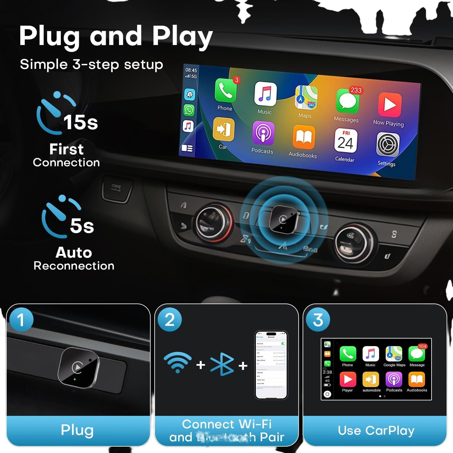 Version Wireless CarPlay Adapter for Portable In-Car Display, 2-in-1 Wireless CarPlay and Android Auto for Seamless Smart Navigation and Entertainment